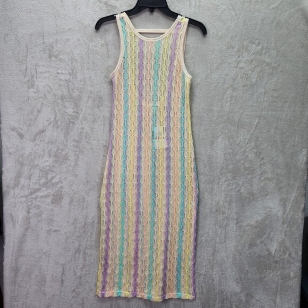 MIKEN Swim Cover-Up Womens Size XS Dress Pastel Striped Crochet Sleeveless Beach
